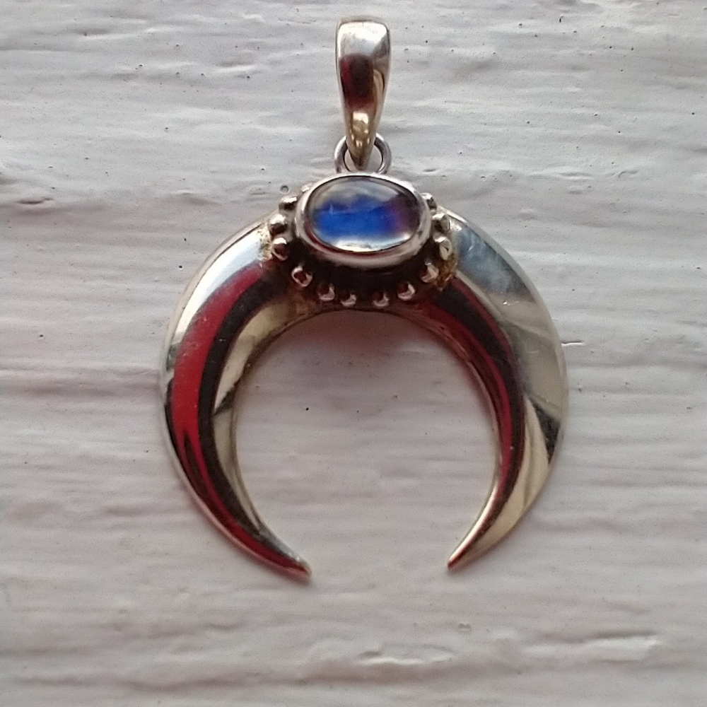 Sterling Silver Quarter Moon Pendant with Natural Moonstone